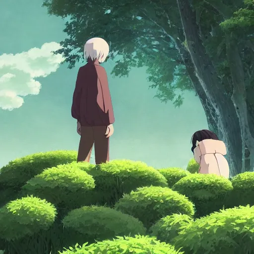 Prompt: guy and a friendly creature in the spitited away style, 4k art, high detail, smooth, anime beautiful peace scene, detailed face, studio ghibli, sharp focus high qualitt, fantasy, forest, detailed, wonderful, sky,