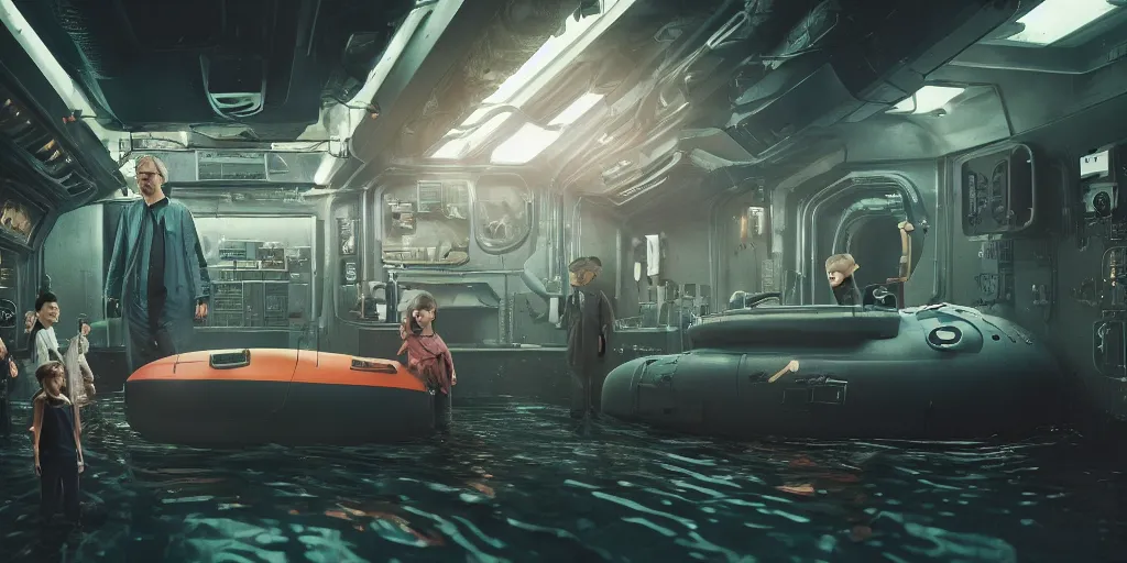 Image similar to photograph of a cyberpunk submarine interior set with a child standing next to lifeless adults. cinematic lighting, color contrast, arri alexa, anamorphic bokeh, professional lighting, 4 k, photographed by erik johansson, graded with davinci resolve