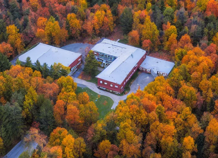 Image similar to low drone shot of a beautiful ranch style School campus in the middle of the Woods during autumn