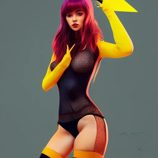 Image similar to color portrait of an attractive girl wearing a mesh costume of pikachu and fishnet stockings, by tsuaii and Wojtek Fus, Trending artstation, cinematográfica, photography
