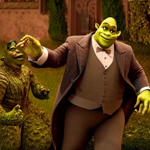 Prompt: movie still, shrek as michael in the godfather