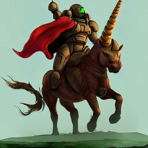 Image similar to doomguy riding a unicorn, game art, trending on artstation