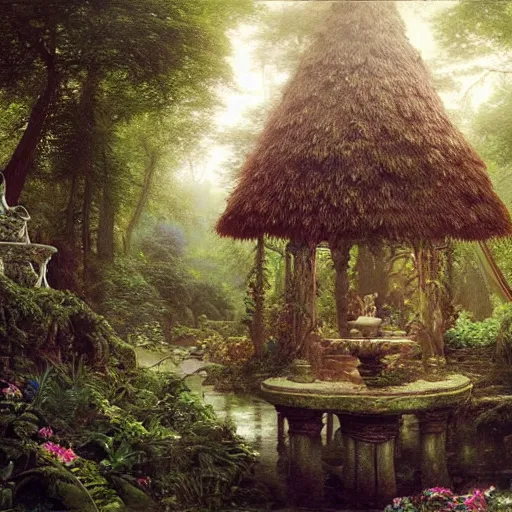 Prompt: a beautiful and highly detailed matte painting of a magical wishing well in a fantasy garden in a lush forest deep in the mystical mountains, intricate details, epic scale, insanely complex, 8 k, sharp focus, hyperrealism, very realistic, by caspar friedrich, albert bierstadt, james gurney, brian froud,