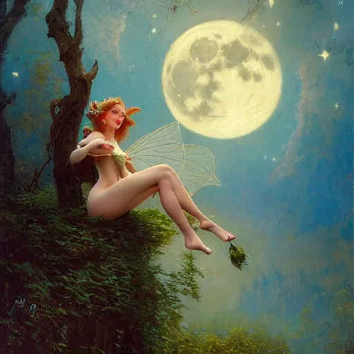 Image similar to attractive fairy magically floating high in the night, fantasy, full moon in background. highly detailed painting by gaston bussiere, craig mullins, j. c. leyendecker, mid shot, 8 k realistic, cryengine, frostbite 3 engine, sharp focus