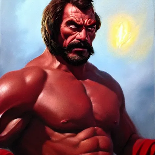 Image similar to ultra realistic portrait painting of tom selleck as hellboy, art by frank frazetta, 4 k, ultra realistic, highly detailed, epic lighting