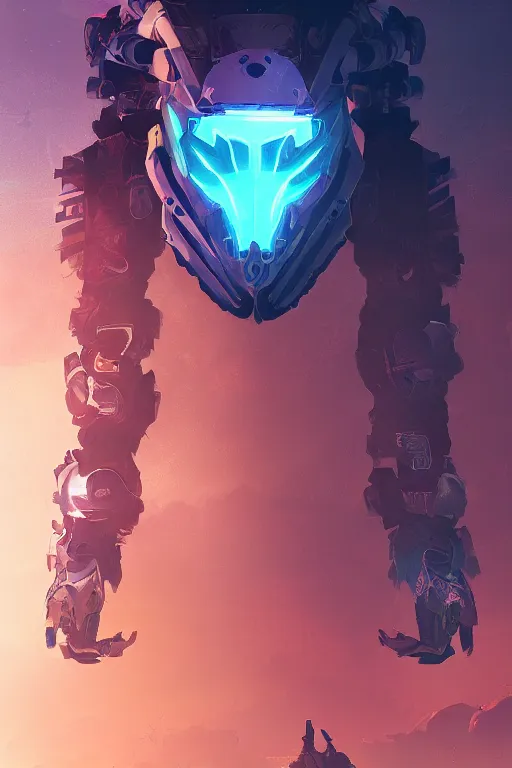 Image similar to combination suit armor aloy horizon forbidden west horizon zero dawn radiating a glowing aura global illumination ray tracing hdr fanart arstation by ian pesty and alena aenami artworks in 4 k tribal robot ninja mask helmet backpack