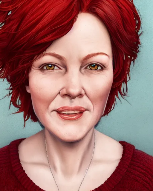Image similar to portrait of happy short and plump 5 0 - year - old woman with red hair and, kind face, short hair, wearing in cardigan, hyper realistic face, beautiful eyes, character art, art by mark brooks, hyperdetailed, cryengine, trending on artstation, digital art