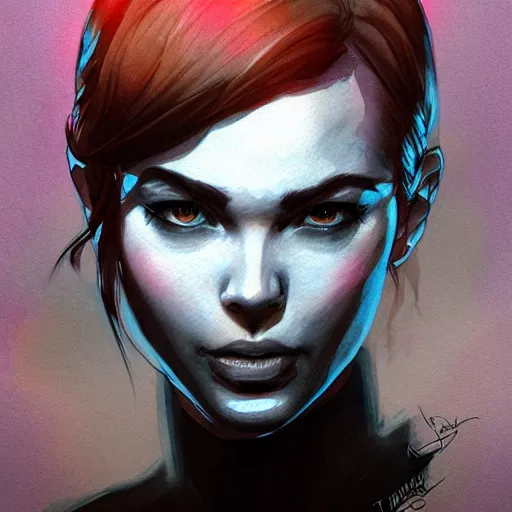 Image similar to character portrait in the style of thomas river and artgerm, lean face, cinematic lighting, watercolor, low detail