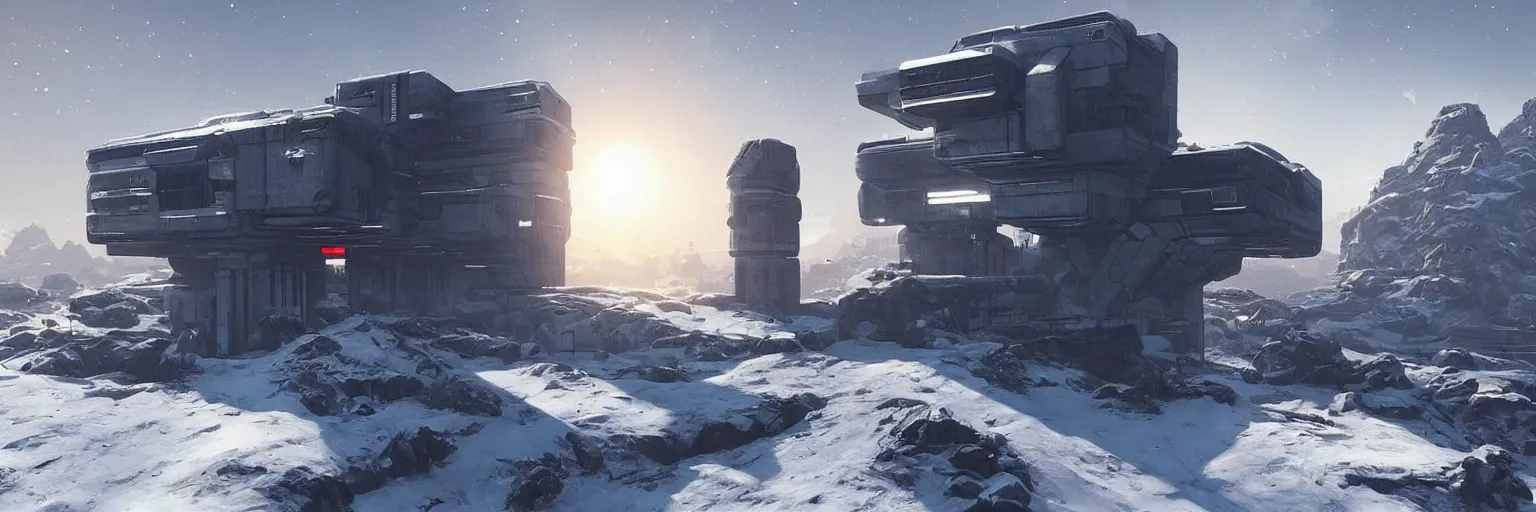 Prompt: “Concept art of a small brutalist concrete research outpost consisting of a single building on the side of a snowy mountain at sunset on an alien world, cyberpunk 2077, 8k, star citizen, art station”