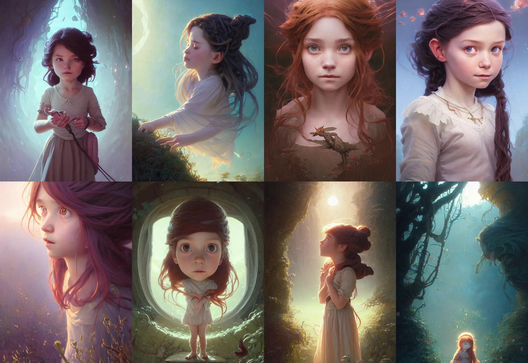 Image similar to highly detailed portrait of a curious little girl with long hairs, stephen bliss, unreal engine, fantasy art by greg rutkowski, loish, rhads, ferdinand knab, makoto shinkai and lois van baarle, ilya kuvshinov, rossdraws, tom bagshaw, alphonse mucha, global illumination, radiant light, detailed and intricate environment