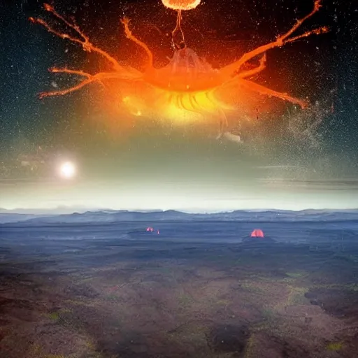 Prompt: digital art perspective shot from a ledge high in the air of a massive varied and ancient fantasy landscape, ruins and massive cities in the distance, jagged mountains in the background at the edges of the landscape, centered in the middle on a bright orange gigantic jellyfish hovering in the distant twilight sky in the middle of the frame, illuminated stars and galaxies, verdant field in the foreground