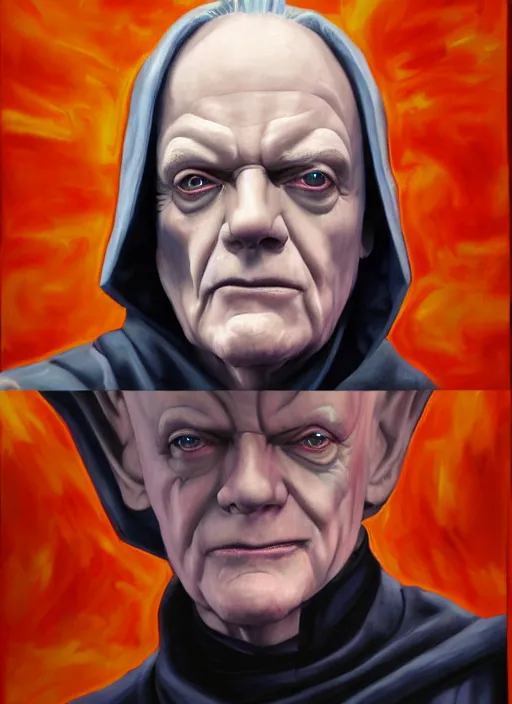 Image similar to oil painting of chancellor palpatine, ian mcdiarmid, sith from star wars, symmetrical!!! star wars portrait, art by greg rutowski!!, trending on artstation