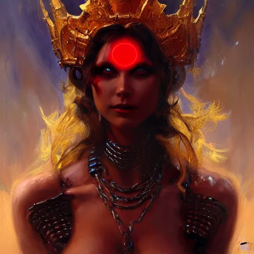 Image similar to attractive demon queen with crown and red eyes as an i robot, painting by gaston bussiere, craig mullins, luis rollo, torso portrait, digital painting, highly detailed, artstation, sharp focus, illustration, concept art, hd