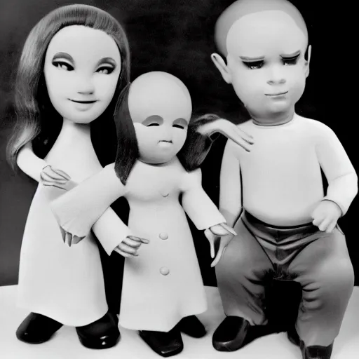 Image similar to creature family photo, toy commercial from the 60s