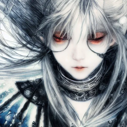 Image similar to yoshitaka amano blurred and dreamy illustration of an anime girl with pirate eye patch, wavy white hair and cracks on her face wearing elden ring armour with the cape fluttering in the wind, abstract black and white patterns on the background, noisy film grain effect, highly detailed, renaissance oil painting, weird portrait angle