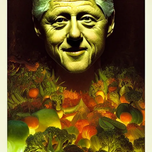 Prompt: bill clinton made of vegetables!!!, radiant light, caustics, heroic, bright iridescent light, by gaston bussiere, bayard wu, greg rutkowski