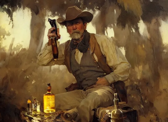 Image similar to oil painting of old rugged cowboy with whiskey bottle and gun, art by anders zorn, wonderful masterpiece by greg rutkowski, beautiful cinematic light, american romanticism by greg manchess