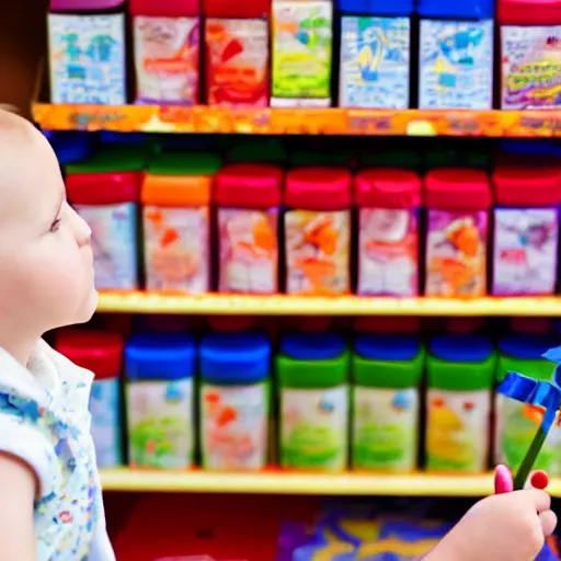 Prompt: a child looking longingly at a lollipop on the top shelf