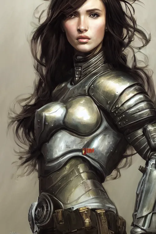 Image similar to a professionally painted portrait of an attractive young woman, clothed in military armor, olive skin, long dark hair, beautiful bone structure, symmetrical facial features, intricate, elegant, digital painting, trending on Artstation, concept art, smooth, sharp focus, illustration, from Metal Gear by Ruan Jia and Mandy Jurgens and Artgerm and William-Adolphe Bouguerea, award winning