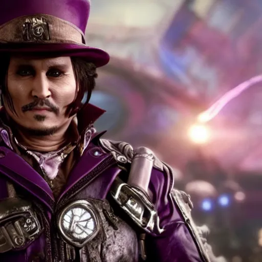 Image similar to johnny depp as willy wonka in gears of war, splash art, movie still, cinematic lighting, dramatic, octane render, long lens, shallow depth of field, bokeh, anamorphic lens flare, 8k, hyper detailed, 35mm film grain