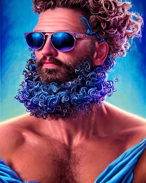 Prompt: portrait of glamor greek god zeus | wearing sunglasses | curly hair, beard | lighting storm background | highly detailed | very intricate | professional model | cinematic lighting | painted by donato giancola and mandy jurgens and charlie bowater | bold colors, artdeco, art deco synthwave blue purple pink aesthestic, 8 0's nostalgia | featured on artstation