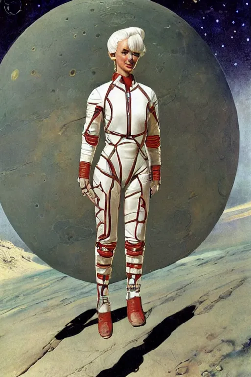 Prompt: pulp scifi fantasy illustration full body portrait android girl, gymnastique, white hair, in leather spacesuit on mars, by norman rockwell, roberto ferri, daniel gerhartz, edd cartier, jack kirby, howard v brown, ruan jia, tom lovell, frank r paul, jacob collins, dean cornwell, astounding stories, amazing, fantasy, other worlds