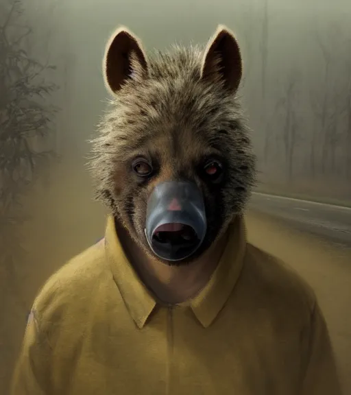 Image similar to foggy dirt road portrait of moderately stocky furry anthro anthropomorphic spotted hyena head animal person fursona wearing clothes horror gloomy digital art bokeh depth of field photo by Greg Rutkowski, Simon Stalenhag, christopher nolan trending on Artstation, CGSociety