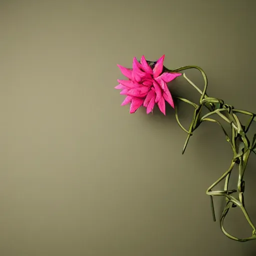 Image similar to studio photograph of a thin green vine creature with vine limbs and a pink blooming flower bulb with many sharp teeth