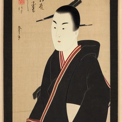Prompt: portrait of young man wearing black medical mask, style of katsushika oi