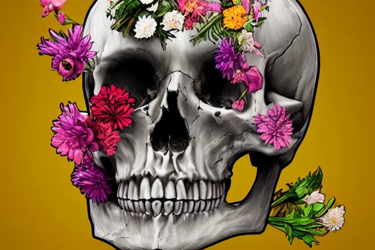 Image similar to human skull made of flowers with flowers in its eyes, artstation, illustration, hd, hq, high resolution, high detail, 4 k, 8 k