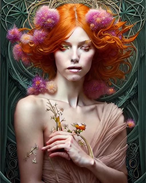 Image similar to Beautiful and playful ethereal ginger portrait, art nouveau, fantasy, intricate flower designs, elegant, highly detailed, sharp focus, art by Maximalism, Artgerm and Greg Rutkowski and WLOP