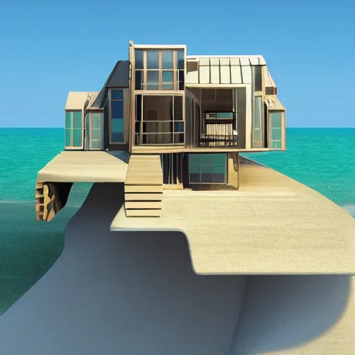 Prompt: “ a realistic model of a house floating on the beach, 8 k render designed by norman foster, high - tech design ”