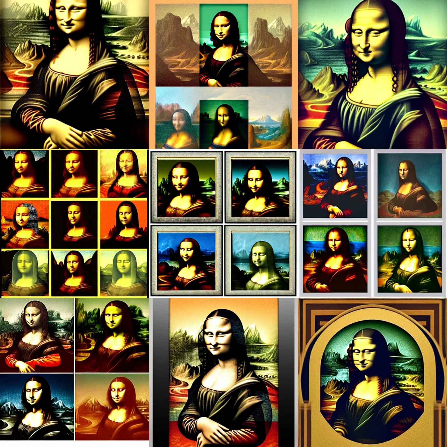 Prompt: image of four equal areas. each area contains a different image of The Mona Lisa by various painters