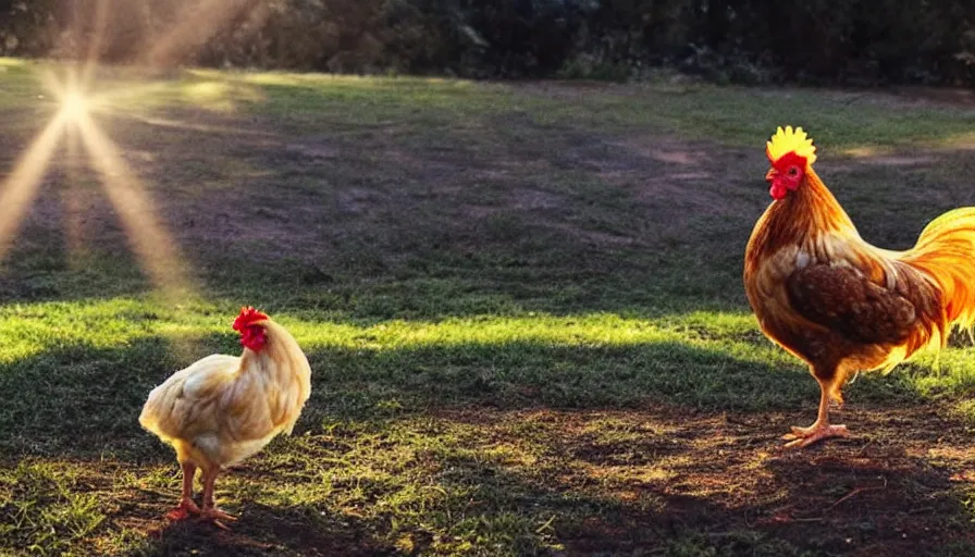 Image similar to A chicken in a movie, cinematic shot, sun beams