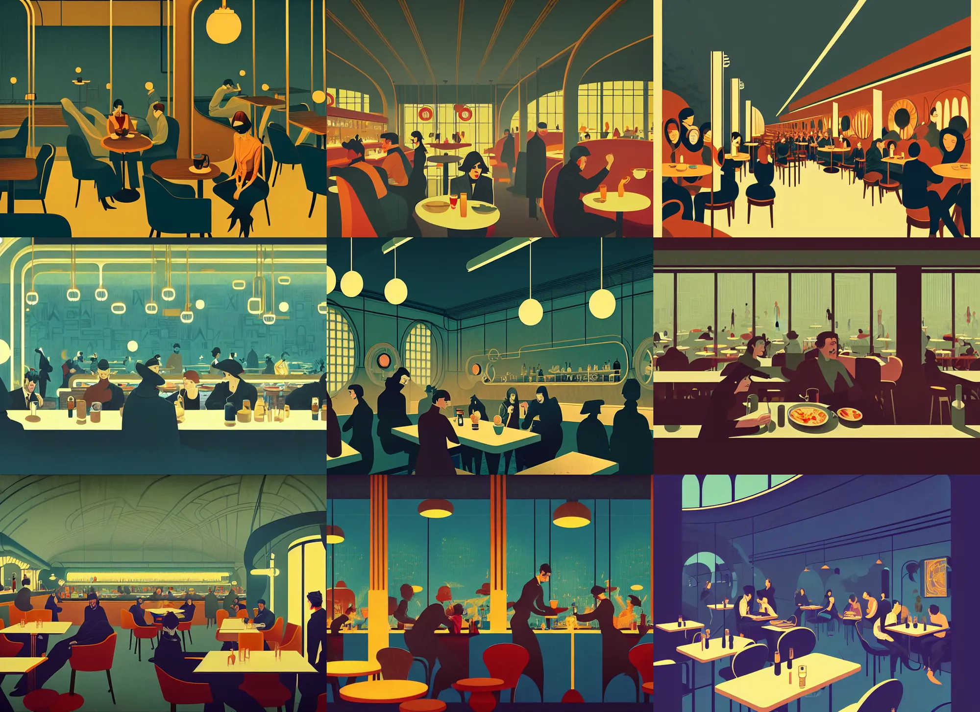 Prompt: editorial illustration interior portrait of a busy cafe, modern art deco, ( ( mads berg ) ), christopher balaskas, victo ngai, rich grainy texture, detailed, dynamic composition, wide angle, matte print, art nouveau, unreal engine, tonemapped, blue filter, ( ( dither ) )