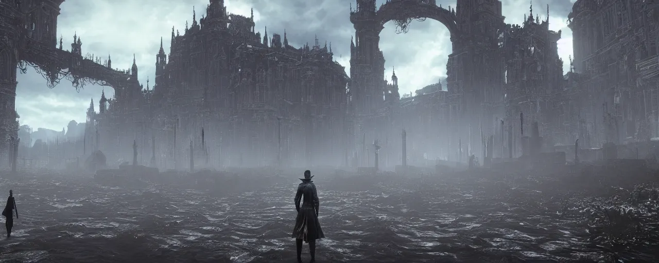 Image similar to a vast landscape with lots of unique landmarks, this is truly a beautiful view, screenshot from bloodborne