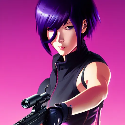 Prompt: motoko kusanagi with a gun in her hand, a character portrait by ilya kuvshinov, rossdraws, artgerm, sola digital arts, anti aliasing, trending on pixiv, sots art, official art, pixiv, anime raytracing