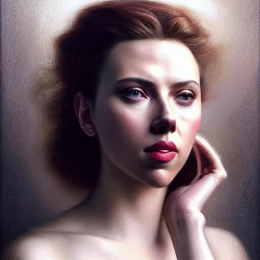 Image similar to highly detailed oil painting | very intricate | cinematic lighting | award - winning | portrait of scarlett johansson | by roberto ferri, by tom bagshaw, by j. c. leyendecker and klimt, american romanticism, by austin osman spare, artstation, cgsociety, official art, octane