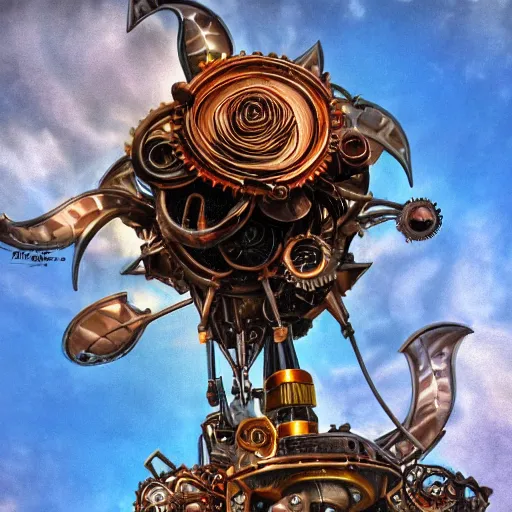 Prompt: giant mechanical rose, steampunk, fantasy art, sky, detailed