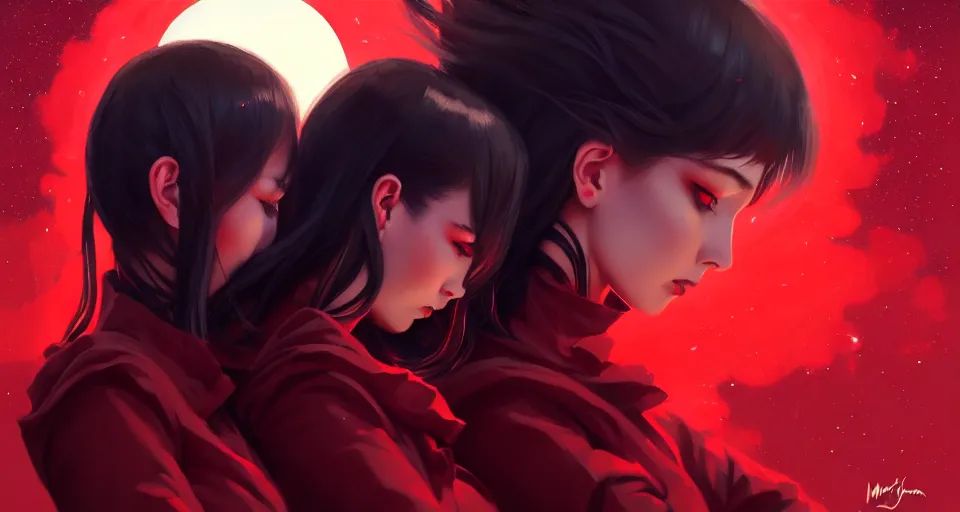 Prompt: black and red dragon girls in the sky, night setting with stars. realistic shaded lighting poster by ilya kuvshinov katsuhiro, magali villeneuve, artgerm, jeremy lipkin and michael garmash, rob rey and kentaro miura style, trending on art station