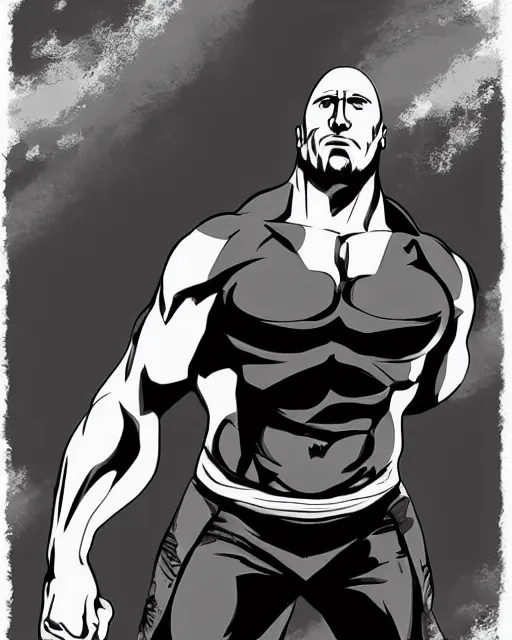 Image similar to Dwayne Johnson in a black and white anime