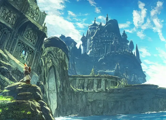 Prompt: Imposing sapphire gothic palace ascending out of the tempestuous sea, beautiful architecture, dramatic lighting, epic composition, wide angle, close up, by Miyazaki, Nausicaa Ghibli, Breath of The Wild