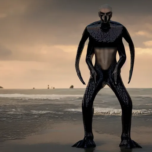 Image similar to a stunning cinematic wide shot of a beautiful confused slick sleek smooth humanoid sea monster wearing clothes made of seaweed on a dark stormy beach, well designed perfect with slick led eyes, sharp claws, cgsociety, hd octane render, fantasy, furry art, artstation, deviantart, furaffinity, very very clean