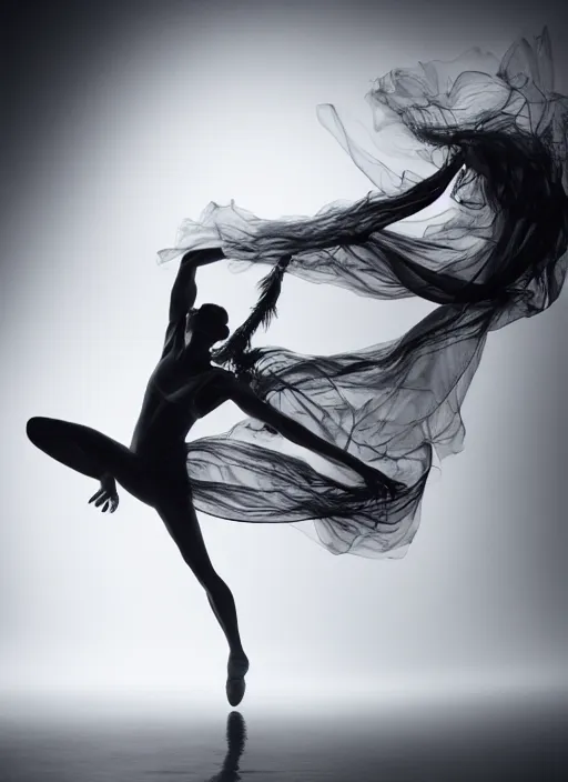 Image similar to a Photorealistic dramatic hyperrealistic render of a beautiful Female smoke dancer by Ken Brower and Deborah Ory of NYC Dance project,Lois Greenfield,Flowing cloth and smoke,Beautiful dynamic dramatic dark moody lighting,volumetric,shadows,cinematic atmosphere,Octane render,8K