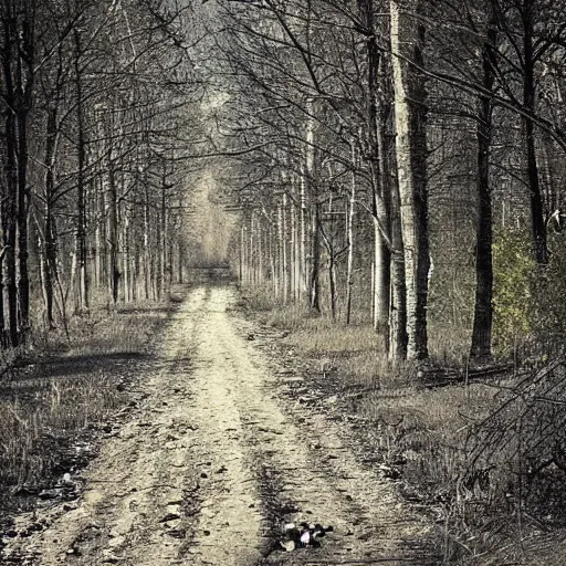 Image similar to an abandoned road within the Chernobyl Exclusion Zone, high resolution vintage photograph, abandoned huts