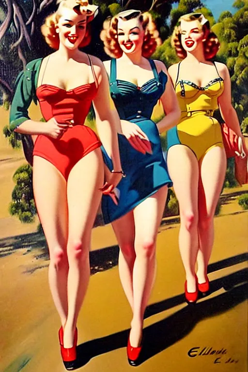 Image similar to 1940s group of pinup bikini girls walking around 1940s Adelaide, in Australia, oil painting, by Gil Elvgren
