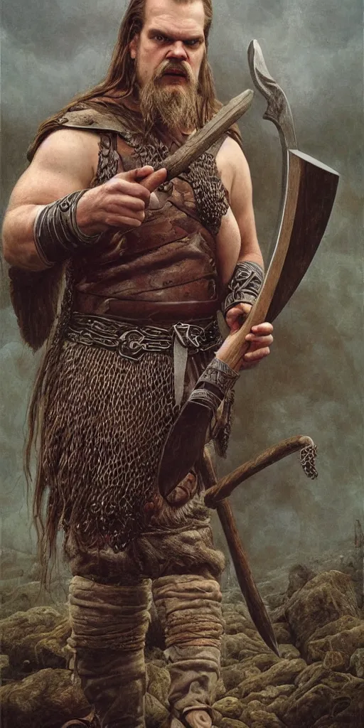 Prompt: david harbour wearing viking clothing and holding an axe by Gerald Brom