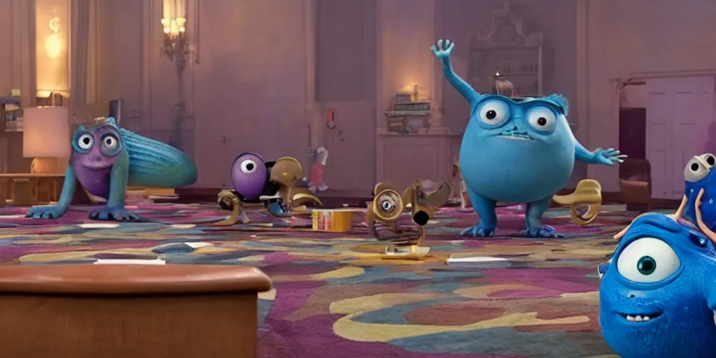 Prompt: giant slug attacking students in spacious laboratory, monster university, monsters university 2 0 1 3