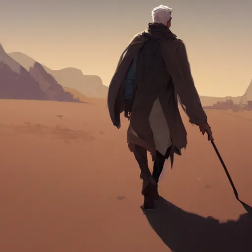 Image similar to a young man with gray hair,a stylish beard,walking through a desert with a glowing stick,digital art,art by greg rutkowski,trevor henderson,rossdraws,character design,concept art,western comic style,sharp lines,photorealiatic,hyperdetailed,detailed face,high quality,professional lighting,glowing