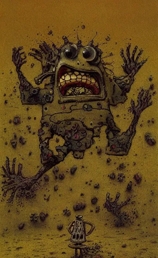 Image similar to spongebob squarepants in style of zdzisław beksinski, standing in wasteland, horror art, creepy, desolate, spongebob, spongebob, spongebob, spongebob